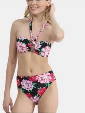 Time and Tru Black Floral Halter Bandeau Bikini with Pink Accents